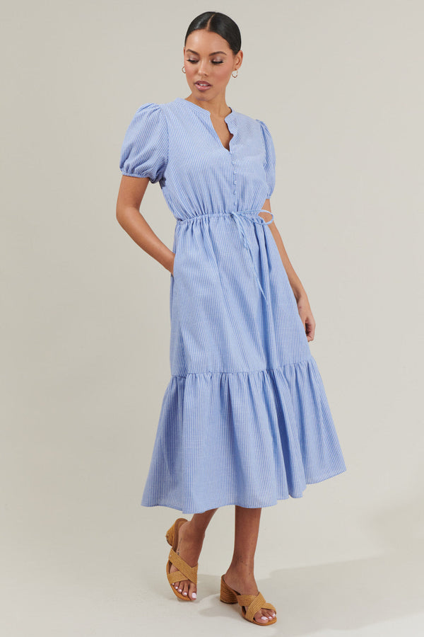 Sugarlips Zephyr Ticking Stripe Waist Tie Midi Dress
