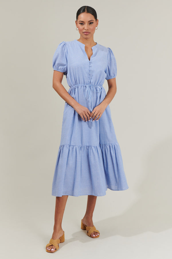 sugarlips Zephyr Ticking Stripe Waist Tie Midi Dress