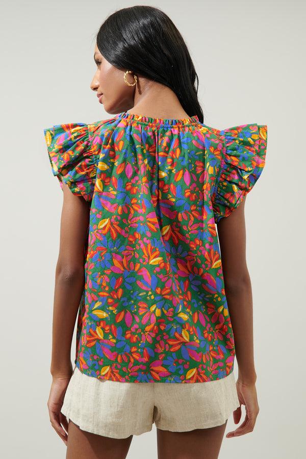 Sugarlips Zhade Tropics Risette Ruffle Cap Sleeve Split Neck Top