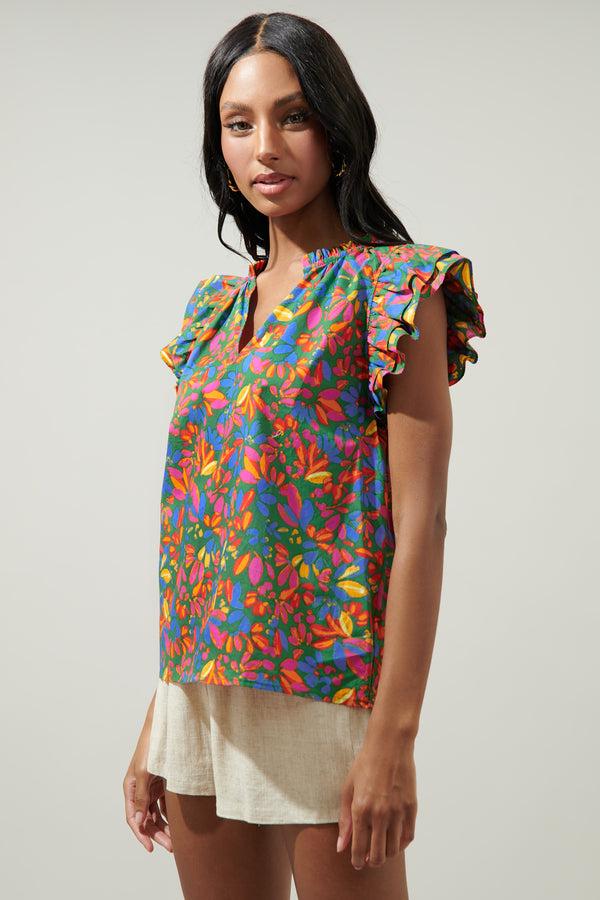 Sugarlips Zhade Tropics Risette Ruffle Cap Sleeve Split Neck Top