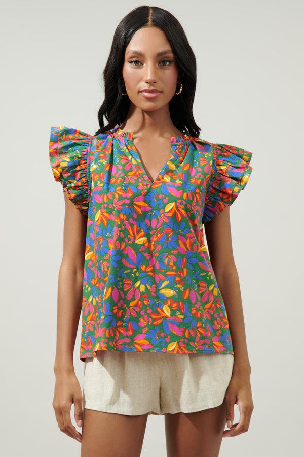 sugarlips Zhade Tropics Risette Ruffle Cap Sleeve Split Neck Top