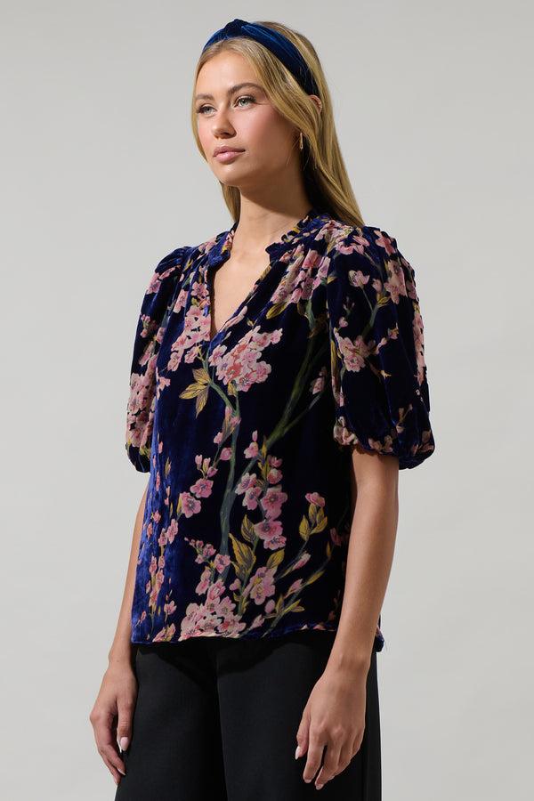 Sugarlips Zuzanna Floral Gretna Velvet Ruffle Blouse
