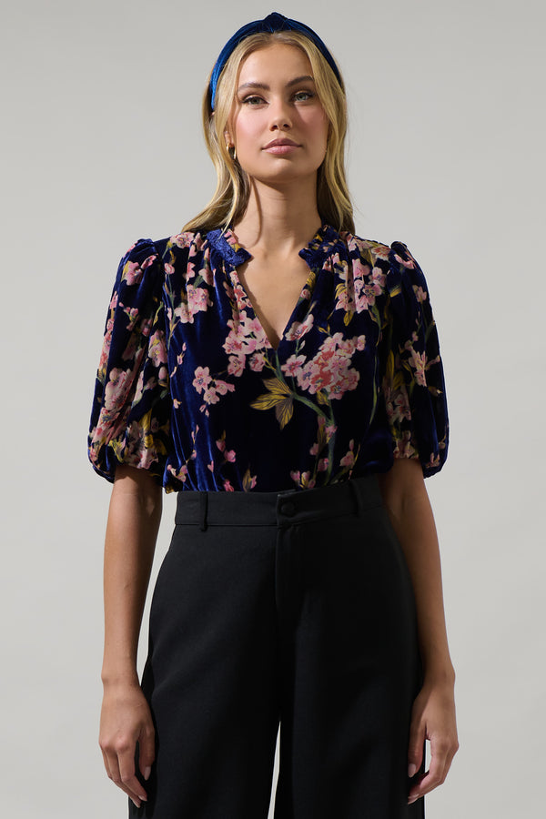 sugarlips Zuzanna Floral Gretna Velvet Ruffle Blouse