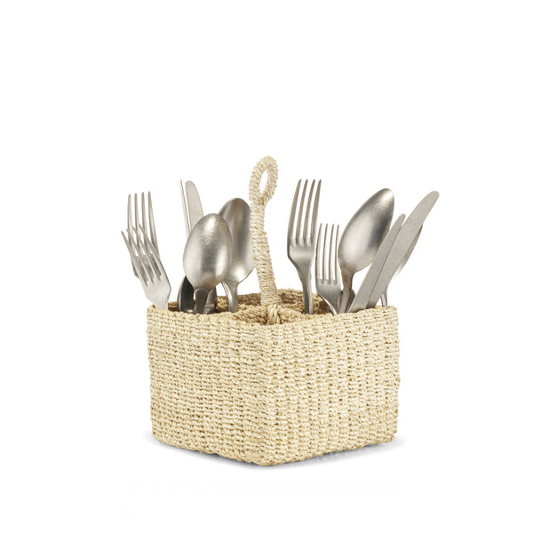 Summerill & Bishop Abaca Small Woven Cutlery Basket With A Handle In Cream