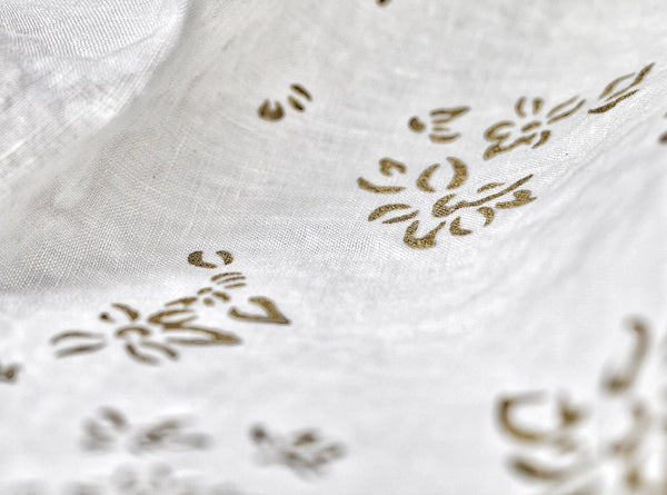 Summerill & Bishop Bernadette's Hand Stamped Falling Flower Linen Tablecloth In Gold