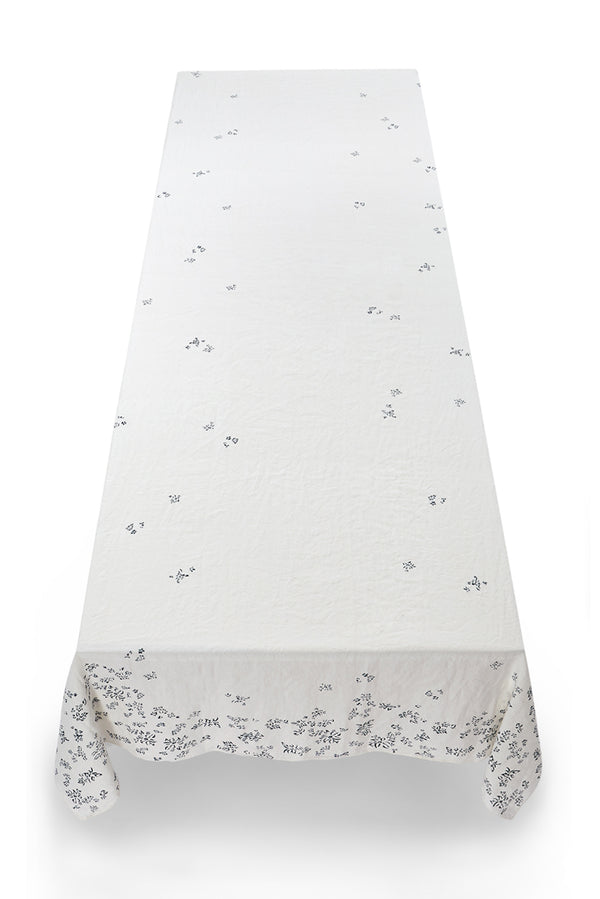 Summerill & Bishop Bernadette's Hand Stamped Falling Flower Linen Tablecloth In Midnight Blue