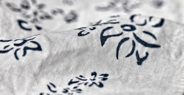 Summerill & Bishop Bernadette's Hand Stamped Falling Flower Linen Tablecloth In Midnight Blue
