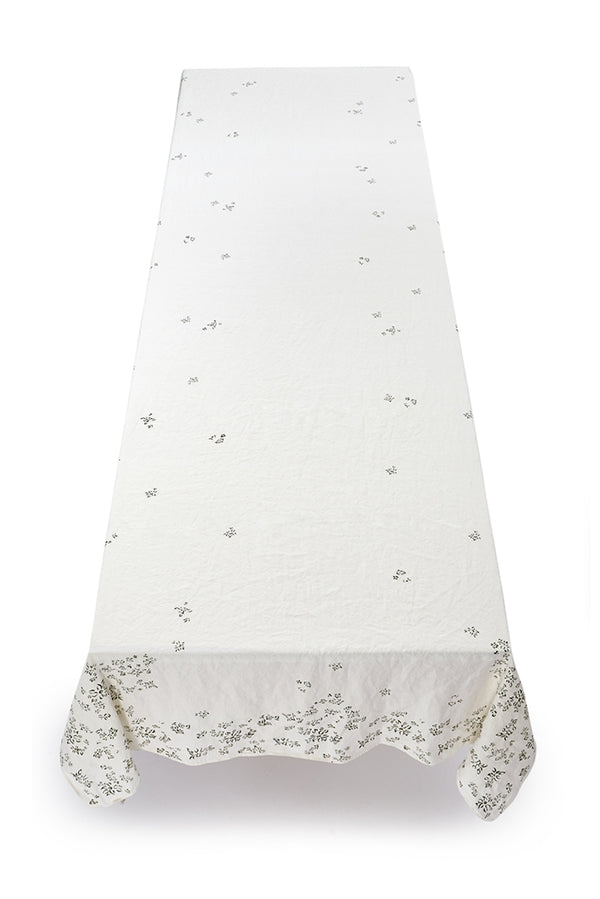 Summerill & Bishop Bernadette's Hand Stamped Falling Flower Linen Tablecloth In Avocado Green