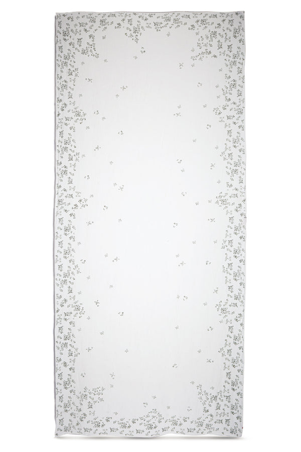 summerill & bishop Bernadette's Hand Stamped Falling Flower Linen Tablecloth in Avocado Green