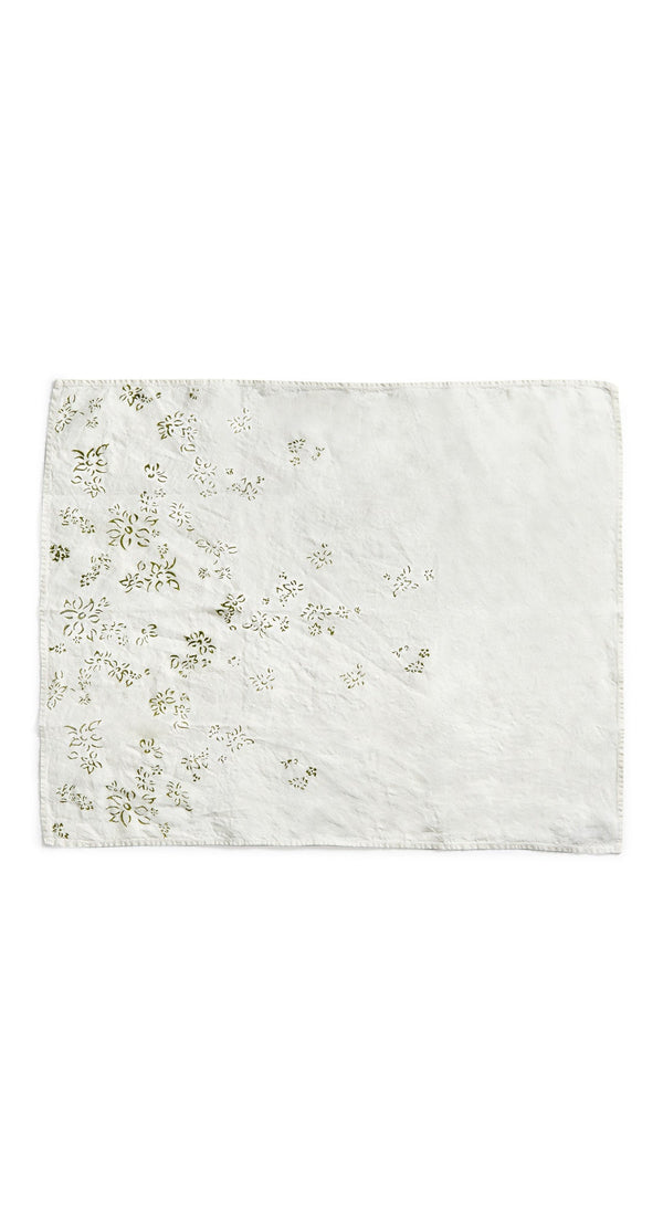 Summerill & Bishop Bernadette's Hand Stamped Falling Flower Linen Tea Towel In Avocado Green 55x70cm