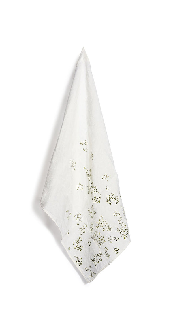 summerill & bishop Bernadette's Hand Stamped Falling Flower Linen Tea Towel in Avocado Green 55x70cm