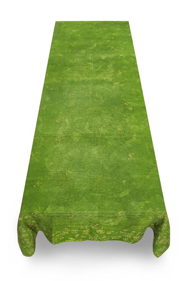 Summerill & Bishop Bernadette's Hand Stamped Falling Flower On Full Field Linen Tablecloth In Avocado Green & Gold