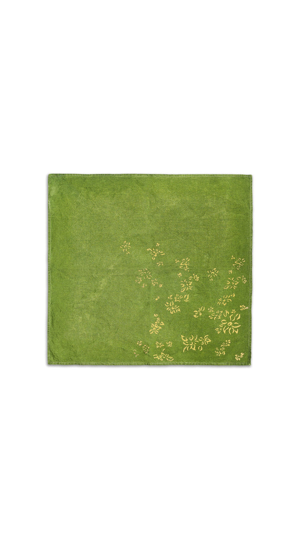 Summerill & Bishop Bernadette's Hand Stamped Falling Flower On Full Field Linen Napkin In Avocado Green & Gold 50x50cm