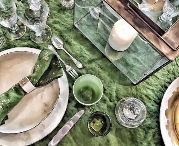 Summerill & Bishop Bernadette's Hand Stamped Falling Flower On Full Field Linen Napkin In Avocado Green & Gold 50x50cm