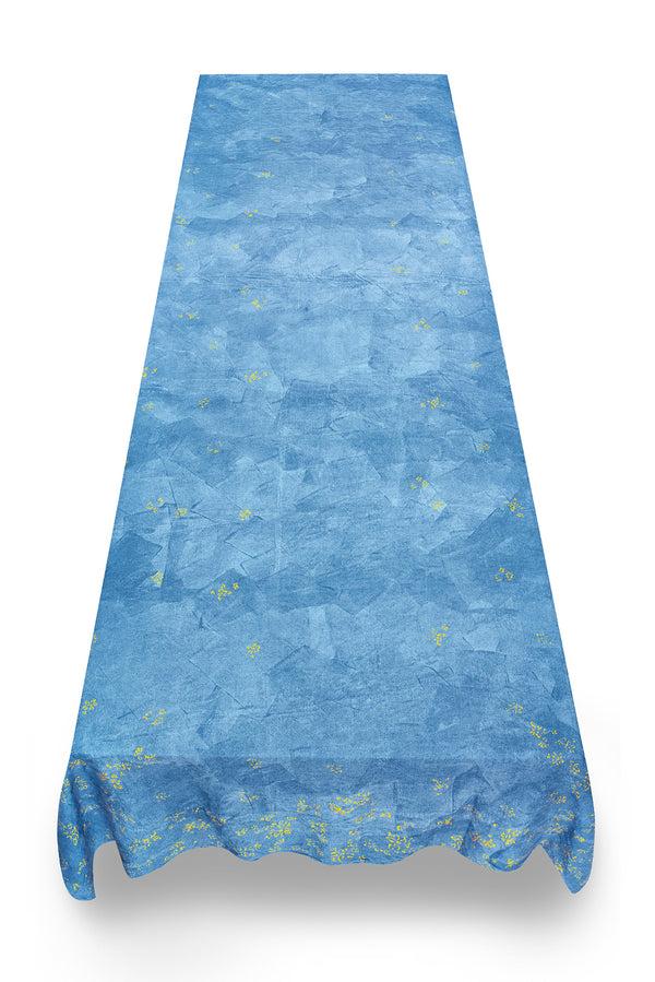 Summerill & Bishop Bernadette's Hand Stamped Falling Flower On Full Field Linen Tablecloth In Sky Blue & Gold