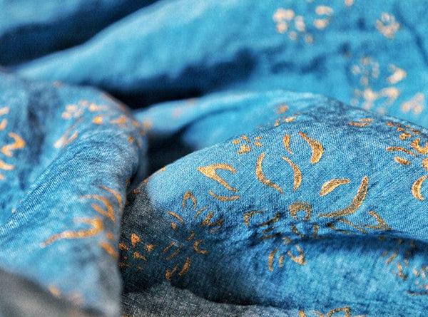 Summerill & Bishop Bernadette's Hand Stamped Falling Flower On Full Field Linen Tablecloth In Sky Blue & Gold