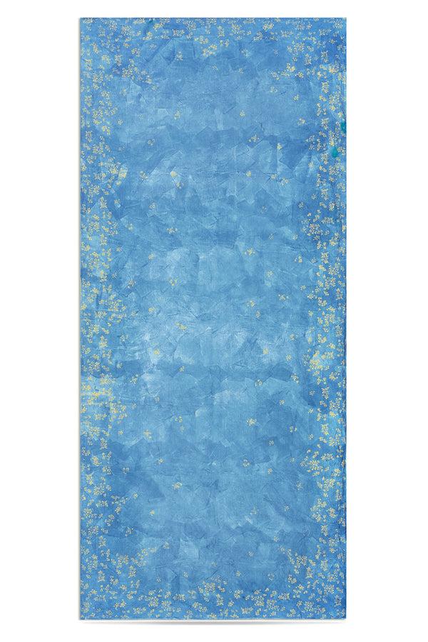 summerill & bishop Bernadette's Hand Stamped Falling Flower On Full Field Linen Tablecloth in Sky Blue & Gold