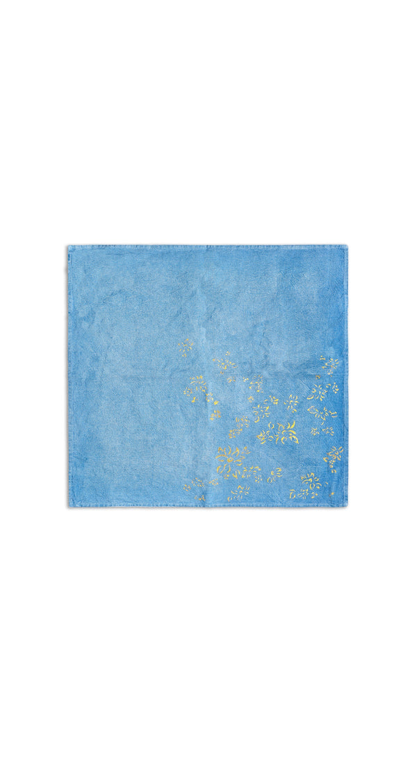 Summerill & Bishop Bernadette's Hand Stamped Falling Flower On Full Field Linen Napkin In Sky Blue & Gold 50x50cm