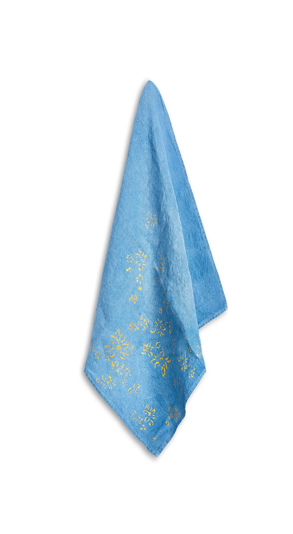 summerill & bishop Bernadette's Hand Stamped Falling Flower On Full Field Linen Napkin in Sky Blue & Gold 50x50cm