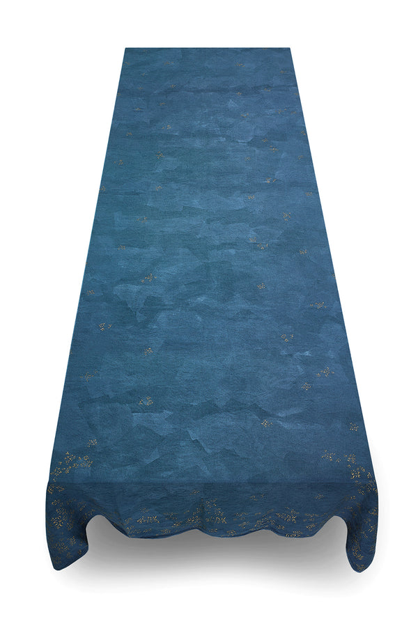 Summerill & Bishop Bernadette's Hand Stamped Falling Flower On Full Field Linen Tablecloth In Deep Blue & Gold