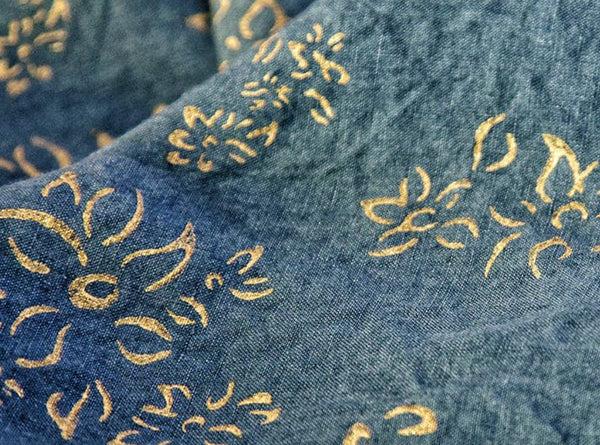 Summerill & Bishop Bernadette's Hand Stamped Falling Flower On Full Field Linen Tablecloth In Deep Blue & Gold