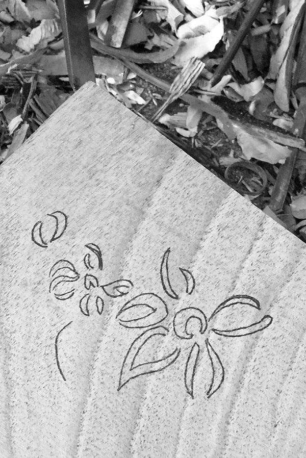 Summerill & Bishop Bernadette's Hand Stamped Falling Flower On Full Field Linen Tablecloth In Deep Blue & Gold