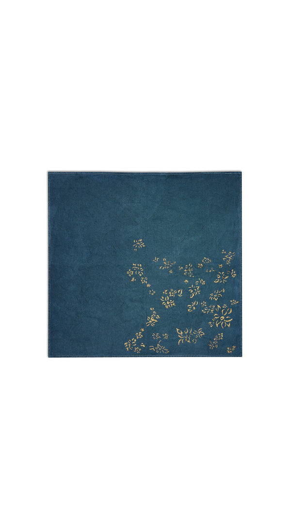 Summerill & Bishop Bernadette's Hand Stamped Falling Flower On Full Field Linen Napkin In Deep Blue & Gold 50x50cm