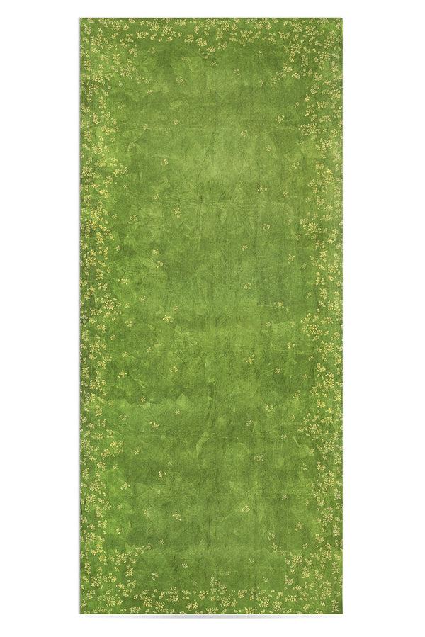 summerill & bishop Bernadette's Hand Stamped Falling Flower On Full Field Linen Tablecloth in Avocado Green & Gold