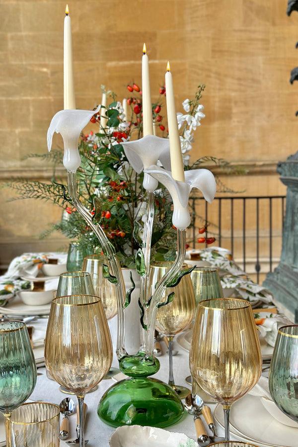 Summerill & Bishop Calla Lily Green & White Glass 3 Candles Candelabra 58cm