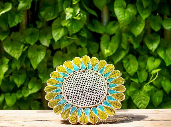 Summerill & Bishop Drops Woven Straw Placemat In Olive Green & Aquamarine 37cm