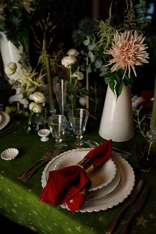 Summerill & Bishop Falling Stars Linen Tablecloth In Avocado Green With Gold Stars