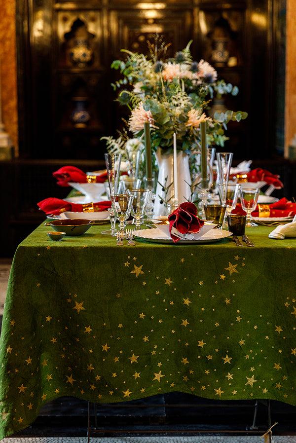 Summerill & Bishop Falling Stars Linen Tablecloth In Avocado Green With Gold Stars