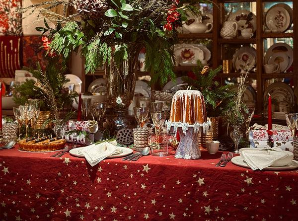 Summerill & Bishop Falling Stars Linen Tablecloth In Claret Red With Gold Stars