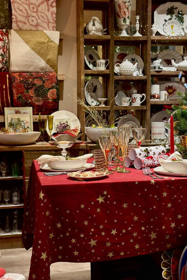 Summerill & Bishop Falling Stars Linen Tablecloth In Claret Red With Gold Stars