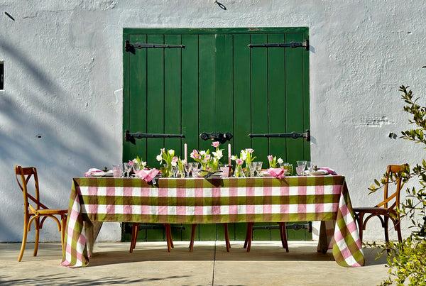 Summerill & Bishop 'Gingham' Linen Tablecloth In Rose Pink & Avocado Green