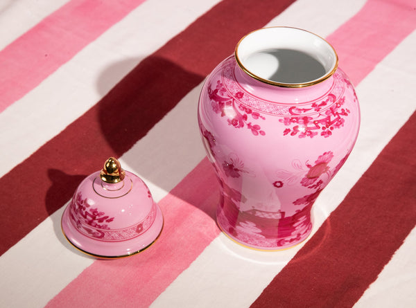 Summerill & Bishop Ginori 1735 Oriente Italiano Pink Gold Rim Potiche Vase With Cover 31cm