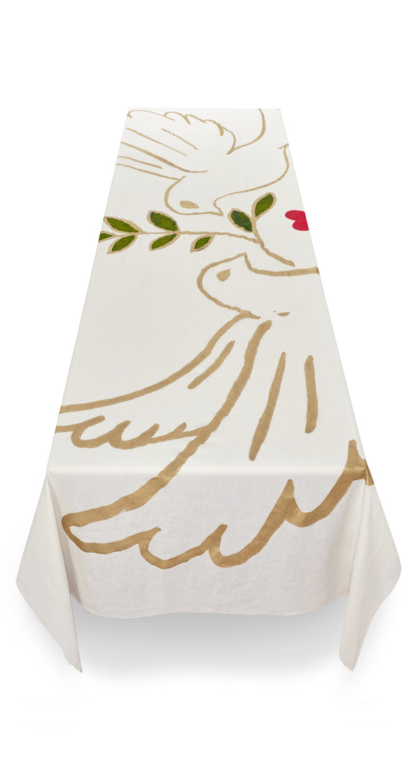 Summerill & Bishop Gold 'Doves' Linen Tablecloth In White