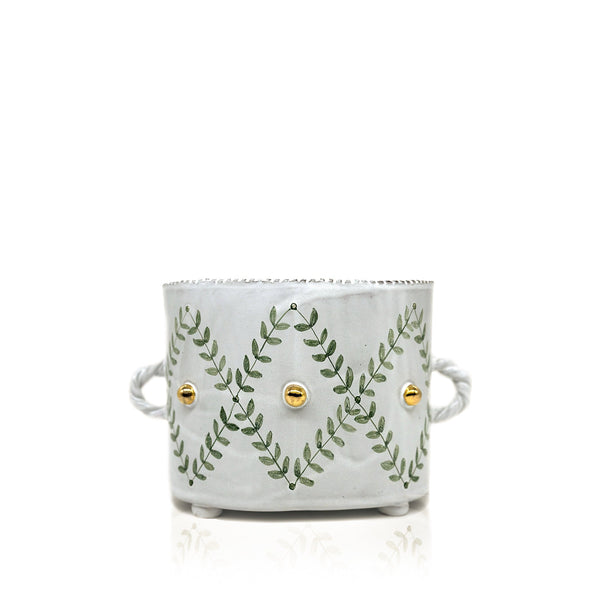 summerill & bishop Green Laurel Gold Ornaments Tulipiere Vase with Twisted Handles 16cm