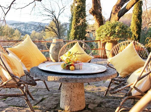 Summerill & Bishop Hand Painted Linen Cushion In Mustard Yellow 60cm X 60cm