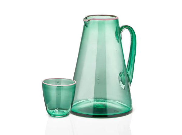 Summerill & Bishop Handblown Bumba Glass Tumbler In Emerald Green With Pink Rim 30cl