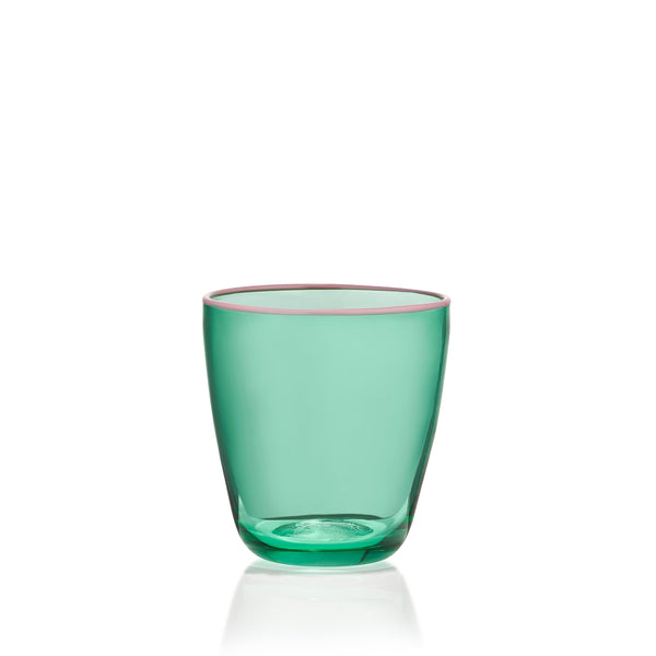 summerill & bishop Handblown Bumba Glass Tumbler in Emerald Green with Pink Rim 30cl