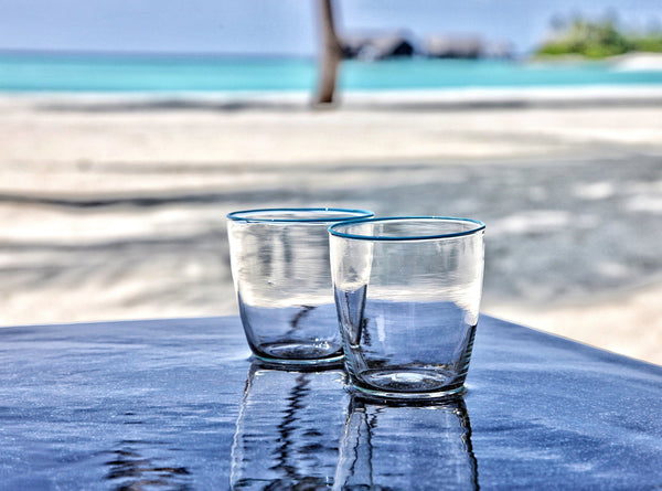 Summerill & Bishop Handblown Clear Bumba Glass Tumbler With Sky Blue Rim 30cl