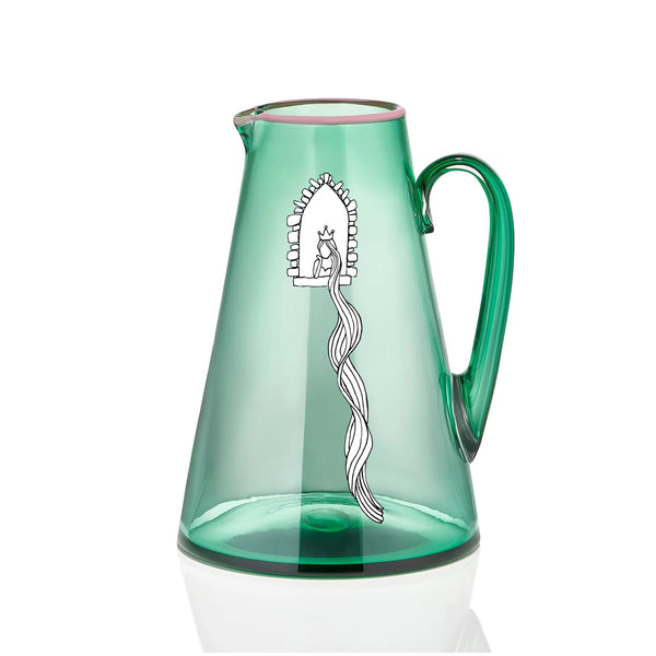 Summerill & Bishop Handblown Glass Bumba Jug In Emerald Green With Pink Rim 3lt