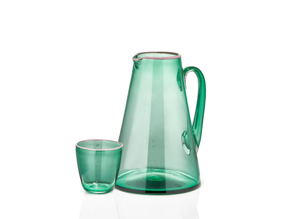 Summerill & Bishop Handblown Glass Bumba Jug In Emerald Green With Pink Rim 3lt