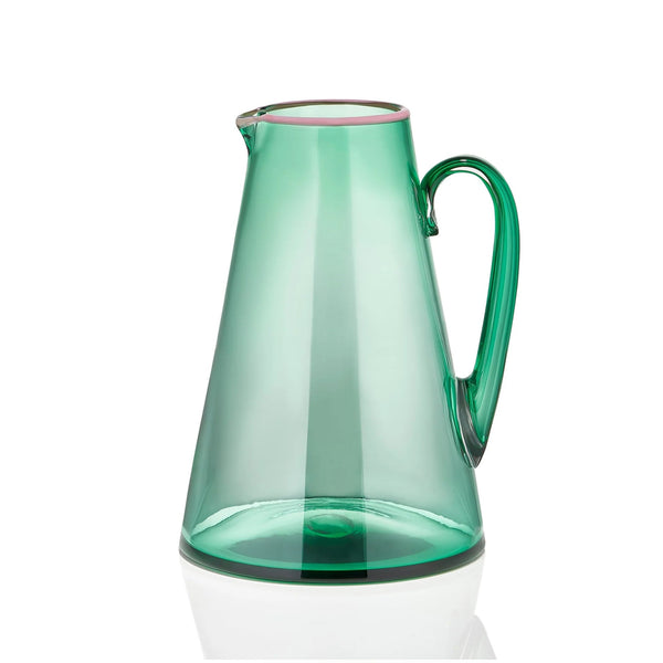 summerill & bishop Handblown Glass Bumba Jug in Emerald Green with Pink Rim 3lt