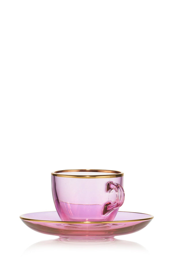 Summerill & Bishop Handblown Italian Glass Espresso Cup And Saucer In Pink With Gold Rim