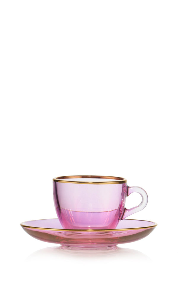 summerill & bishop Handblown Italian Glass Espresso Cup and Saucer in Pink with Gold Rim