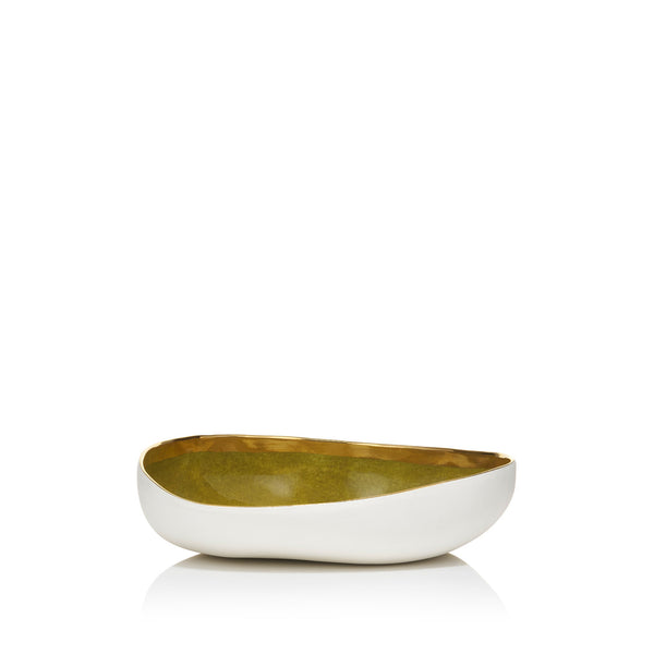 Summerill & Bishop Handmade Ceramic Pebble Bowl In Green And Gold Rim 22cm