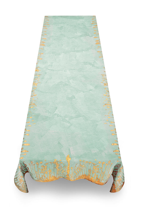 Summerill & Bishop Ink Linen Tablecloth In Light Green With Gold Drips