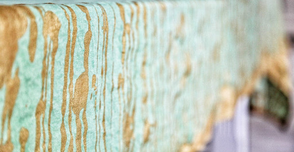 Summerill & Bishop Ink Linen Tablecloth In Light Green With Gold Drips